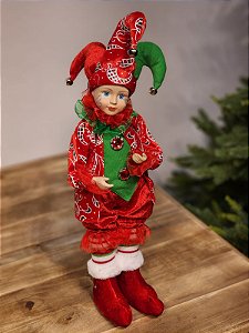 BONECO PIERROT EM PÉ A CORDA VERMELHO E VERDE 45CM