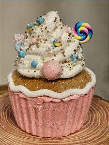 CUPCAKE ROSA E BRANCO 16CM