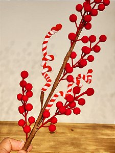 GALHO BERRY COM CANDY CANE VERMELHO E BRANCO 64CM