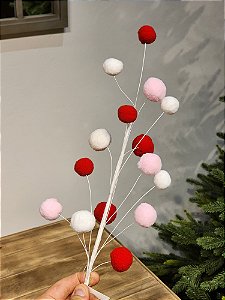 GALHO DECORATIVO BOLINHAS VERMELHO E BRANCO 65CM