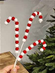 GALHO DECORATIVO CANDY POMPOM VERMELHO E BRANCO 40CM