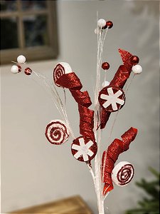 GALHO DECORATIVO CANDY VERMELHO E BRANCO 45CM