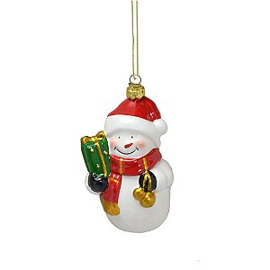 PENDENTE ORNAMENTO BONECO DE NEVE VERMELHO E BRANCO 12,5CM