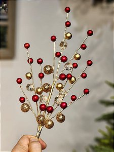 GALHO DECORATIVO PEDRA C/ BERRY VERMELHO E DOURADO 58CM