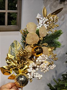 GALHO DECORATIVO BERRY COM BOLAS DOURADO 66CM