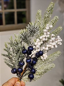 GALHO DECORATIVO NEVADO BERRY BRANCO E AZUL 40CM