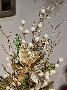 GALHO DECORATIVO BERRY BRANCO COM GALHOS DOURADO