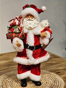 PAPAI NOEL COM PRESENTES E URSO - COLECIONÁVEL - 28CM