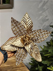 FLOR POINSÉTIA MARROM COM DOURADO E PRATA 45CM