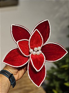 FLOR POINSÉTIA VERMELHO E BRANCO COM PEROLA 40CM