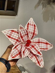FLOR POINSÉTIA XADREZ VERMELHO E BRANCO 35CM
