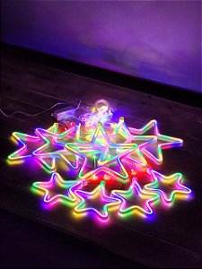 PISCA CORTINA 9 ESTRELAS NEON 160 LEDS COLORIDO BIVOLT COM FUNÇÕES USO INTERNO E EXTERNO
