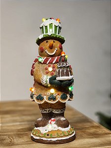 BONECO DE NEVE EM RESINA COOKIE GINGERBREAD COM LED 33CM