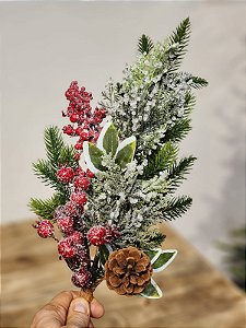 GALHO DECORATIVO BERRY COM PINHA E GALHOS COM GOTAS DE GELO 50CM
