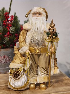 PAPAI NOEL EM PÉ DOURADO COM CHAMPANHE COM PRESENTES E CAJADO 45CM