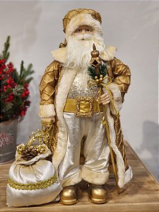 PAPAI NOEL EM PÉ DOURADO COM CHAMPANHE COM PRESENTES E CAJADO 60CM
