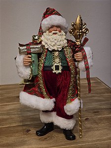 PAPAI NOEL VERMELHO E VERDE E DOURADO COLECIONÁVEL 39CM