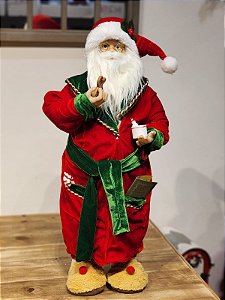 PAPAI NOEL EM PÉ COM ROUPÃO VERMELHO E VERDE 47CM