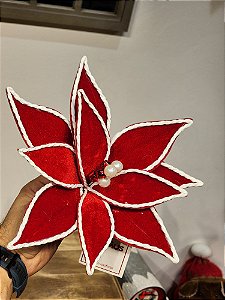 FLOR BICO DE PAPAGAIO AVELUDADO VERMELHO E BRANCO COM PEROLAS E GUIZO 30CM