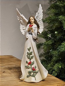 ANJO BRANCO COM CARDEAL EM RESINA 35CM