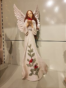 ANJO BRANCO COM CARDEAL EM RESINA 35CM - PRÉ VENDA 2025