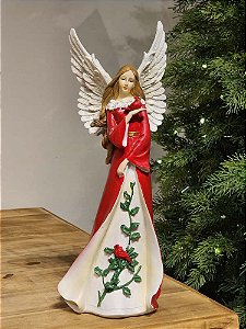 ANJO VERMELHO COM CARDEAL EM RESINA 35CM