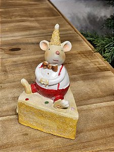 RATINHO DOÇEIRO EM RESINA BRANCO E VERMELHO 13CM