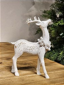 RENA EM PÉ BRANCA COM COLAR DE PINHAS 19CM