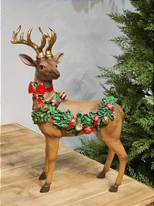 RENA EM PÉ MARROM COM FESTÃO NATALINO 40CM