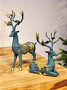 CASAL DE RENAS AZUL 30CM E 21CM EM POLIRESINA