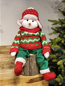 BONECO DE NEVE SENTADO VERMELHO E VERDE 65CM