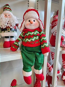 BONECO DE NEVE SENTADO VERMELHO E VERDE 65CM - PRÉ VENDA 2025