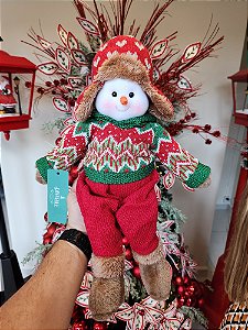 BONECO DE NEVE SENTADO VERMELHO E VERDE 55CM - PRÉ VENDA 2025