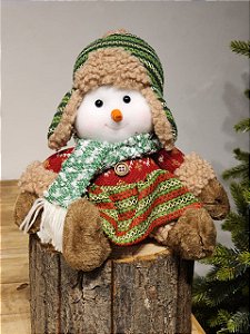 BONECO DE NEVE MENINA SENTADA VERMELHO E VERDE 26CM