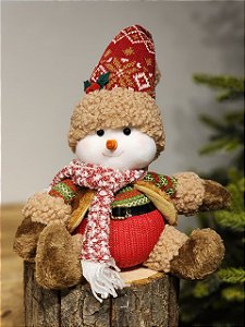 BONECO DE NEVE MENINO SENTADO VERMELHO E VERDE 26CM