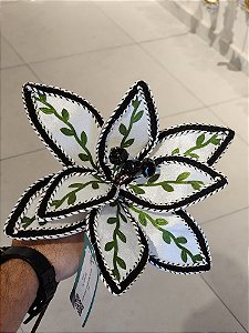 FLOR POINSETIA VERDE, BRANCO E PRETO 28CM - PRÉ VENDA 2025