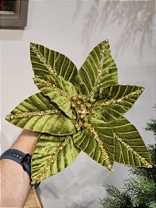 FLOR POINSETIA VERDE E DOURADO 30CM