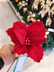 FLOR POINSETIA TRADICIONAL VERMELHA VELUDO 23CM - PRÉ VENDA 2025