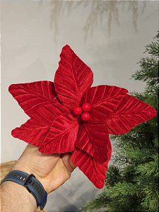 FLOR POINSETIA TRADICIONAL VERMELHA VELUDO 24CM