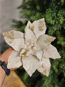FLOR POINSETIA BRANCA E DOURADO VELUDO 25CM