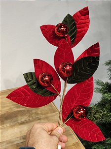 GALHO FOLHA COM BOLAS VERDE E VERMELHO 60CM