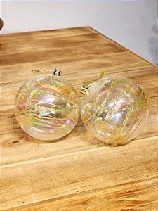BOLA DECORADA TRANSPARENTE COM DOURADO 10CM COM 2 UNIDADES