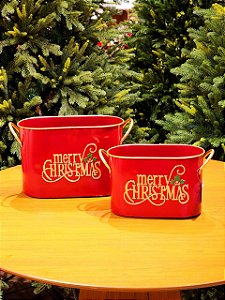 CACHEPOT MERRY CHRISTMAS VERMELHO E DOURADO COM 2 UNIDADES 22CM E 34CM