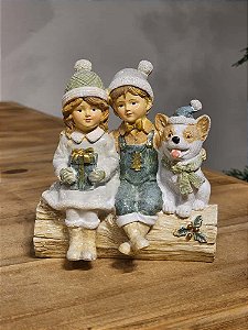 CRIANÇAS EM RESINA COM CACHORRO VERDE MENTA 11,5CM