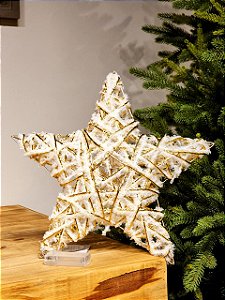 ESTRELA ARAMADA RATTAN BRANCO E OURO COM LED 40CM