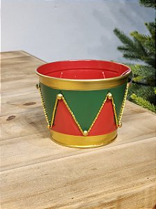 VASO TAMBOR EM METAL DECORATIVO VERMELHO E VERDE 12CM