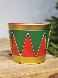 VASO TAMBOR EM METAL DECORATIVO VERMELHO E VERDE 18CM