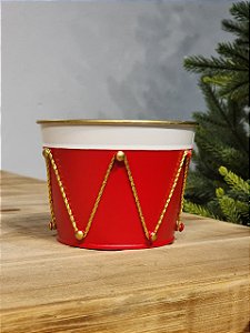 VASO TAMBOR EM METAL DECORATIVO VERMELHO E BRANCO 12CM