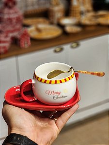 CANECA BONECO DE NEVE COM PIRES VERMELHO E BRANCO 7CM