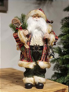 PAPAI NOEL EM PÉ XADREZ COM LANTERNA E RAQUETE DE NEVE 45CM